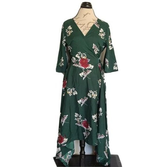 Influence Dress Floral Size10 Green High Low Flowy Womens V Neckline Asymmetric - Picture 1 of 12